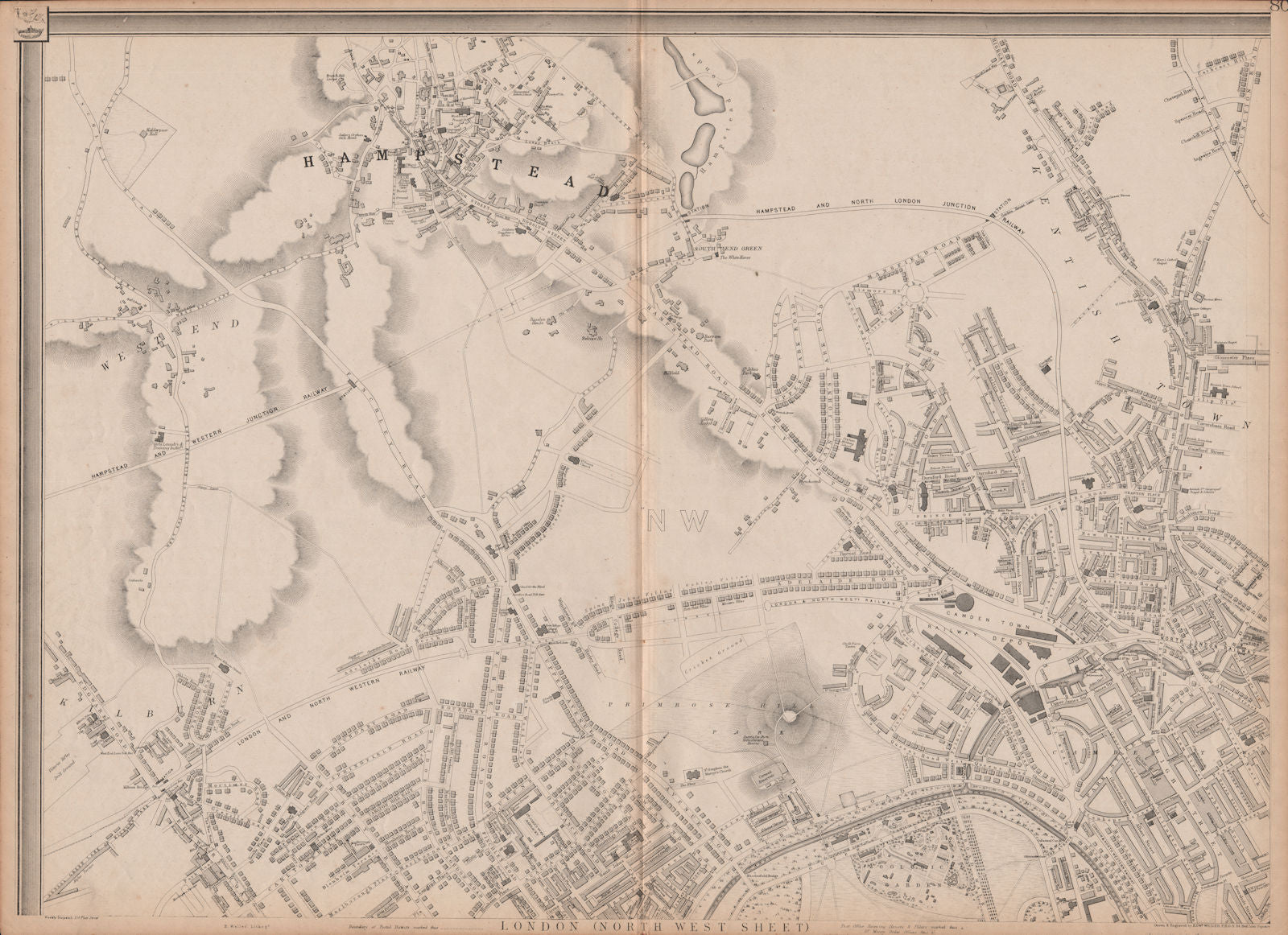'CASSELLS LONDON NW Hampstead Camden St Johns Wood Belsize Park.WELLER 1862 map